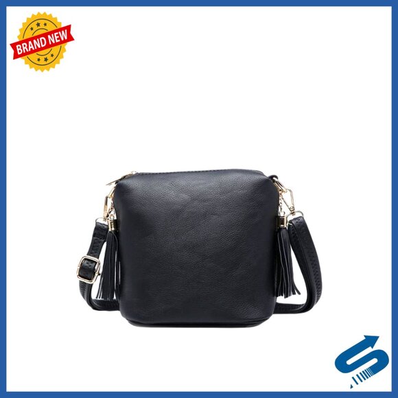 Vegan Leather Crossbody Bag with Tassel Zippers Adjustable Strap Compact Size